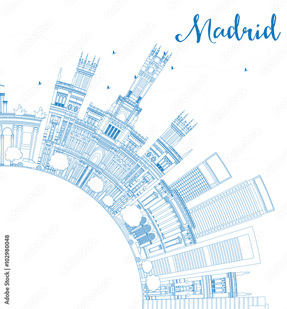Outline Madrid Skyline with Blue Buildings and Copy Space.