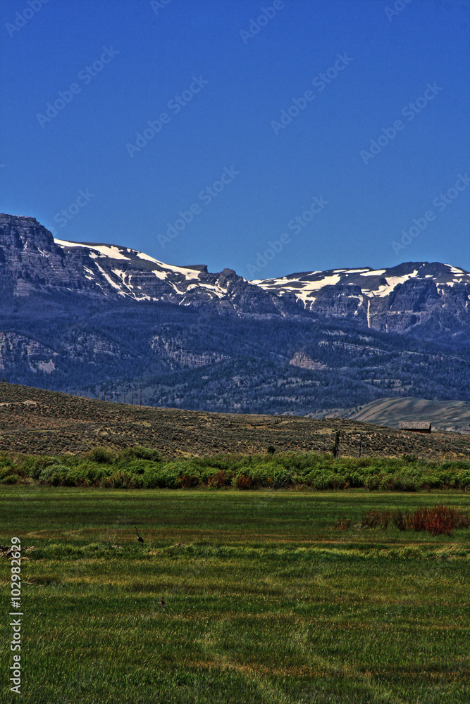 Dubois Wyoming pasture / farming field with Absaroka Mountain range in the background