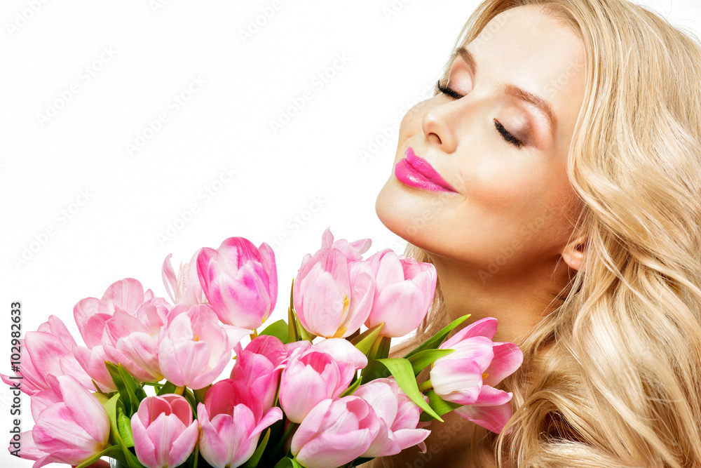 Woman with Spring Flower bouquet. Happy surprised model woman sm