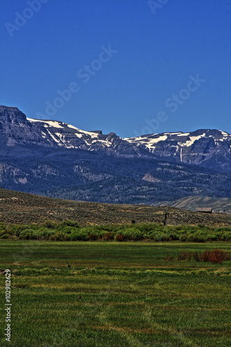 Dubois Wyoming pasture / farming field with Absaroka Mountain range in the background photo