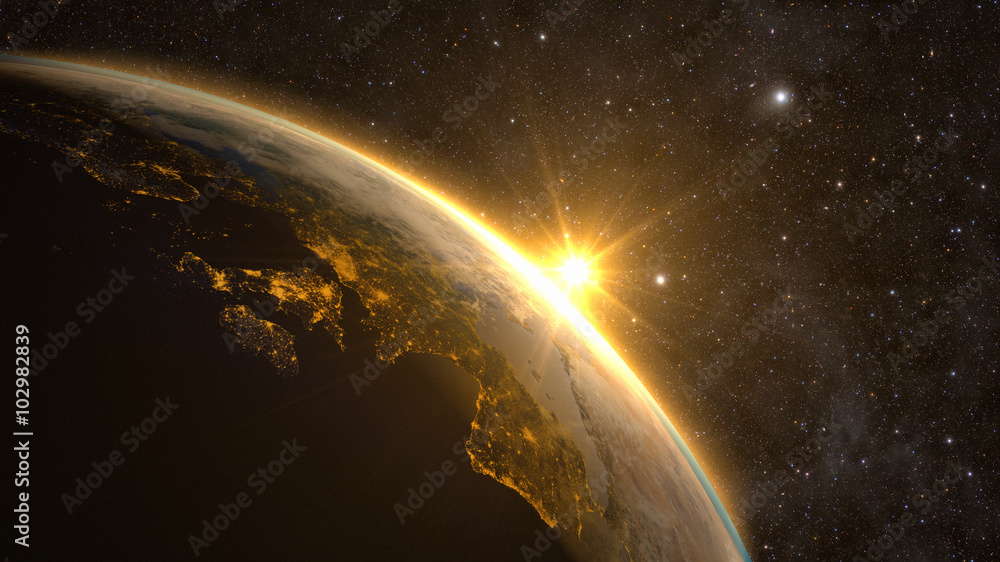 Naklejka premium Planeta Ziemia ze spektakularnym wschodem słońca, widokiem na Europę i Afrykę.