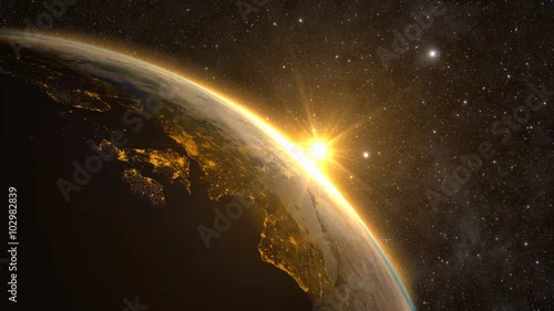 Obraz Planeta Ziemia ze spektakularnym wschodem słońca, widok na Europę i Afrykę.