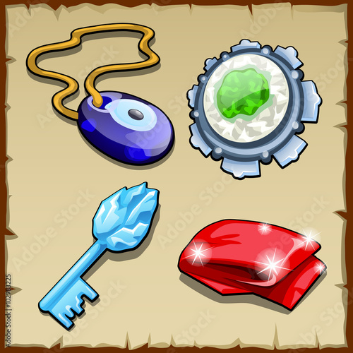 Set of key, charms, magic stone and capes