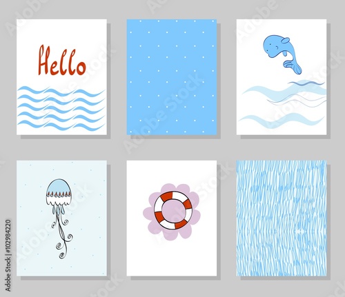 Vector sea background with waves, dolphin and jellyfish. Cute childish cards. 