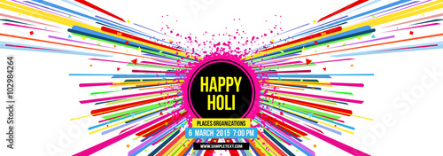 Creative template for Indian festival Happy Holi celebrations with multi color splash and strips on white background. Beautiful Indian festival Happy Holi.