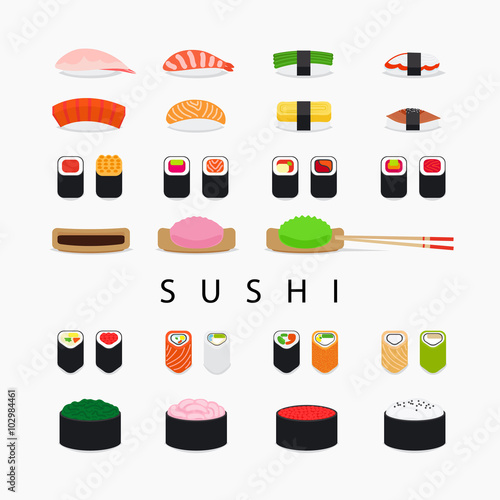 Japanese food sushi set. Colorful sushi and rolls flat icons on white background. Vector illustration