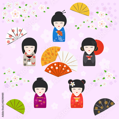 Japanese geisha kokeshi dolls background with Cherry blossoms, fans and umbrella on pink background. Vector illustration