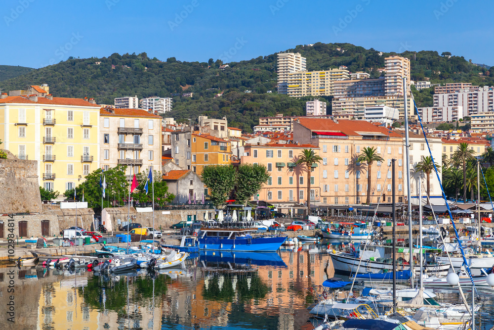Moored yachts and pleasure boats in old port of Ajaccio