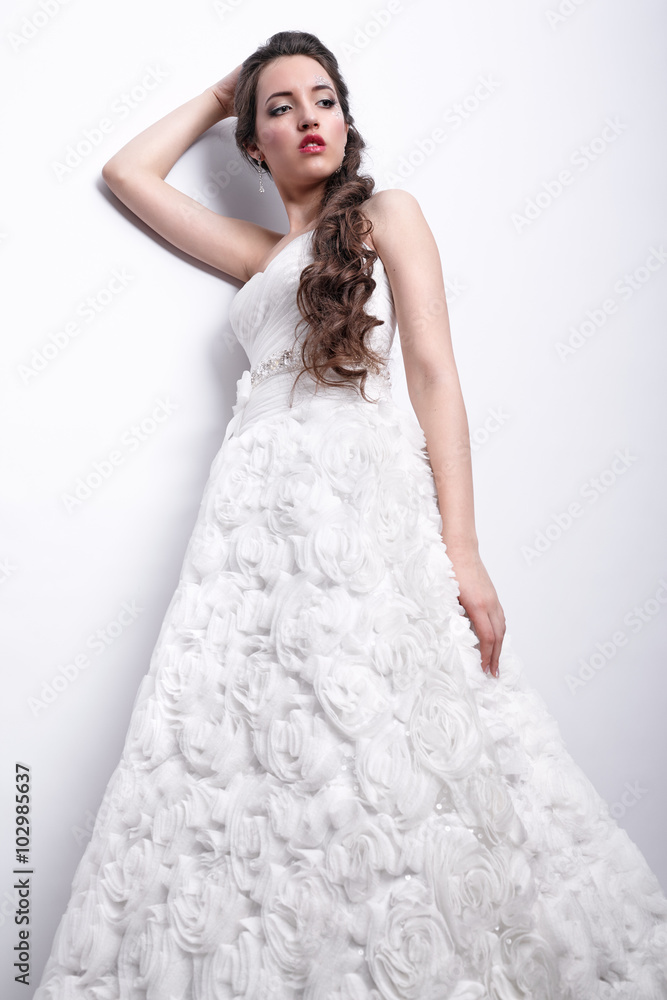Portrait of beautiful young brunette woman bride in white Weddi Portrait of beautiful young brunette woman bride in white Weddi