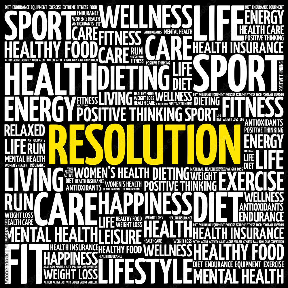 RESOLUTION word cloud background, health concept