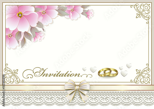 Wedding invitation card with rings and flowers