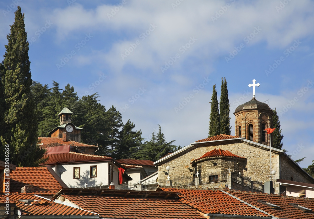 Clock tower and church of Assumption in Ohrid. Macedonia
