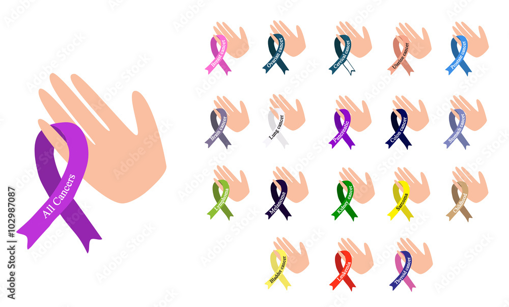 Cancer Ribbon. Set of ribbons of different colors against cancer. International Day of cancer. World Cancer Day. Cancer Ribbon. Set of ribbons of different colors against cancer. International Day of cancer. World Cancer Day.