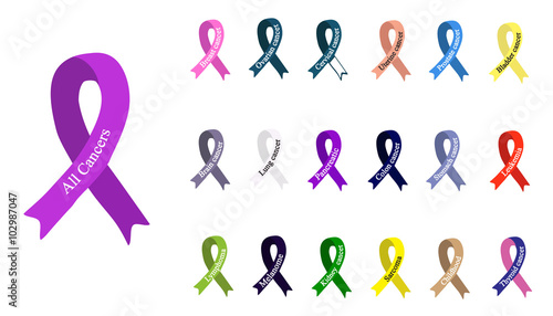 Cancer Ribbon. Set of ribbons of different colors against cancer. International Day of cancer. World Cancer Day. 
