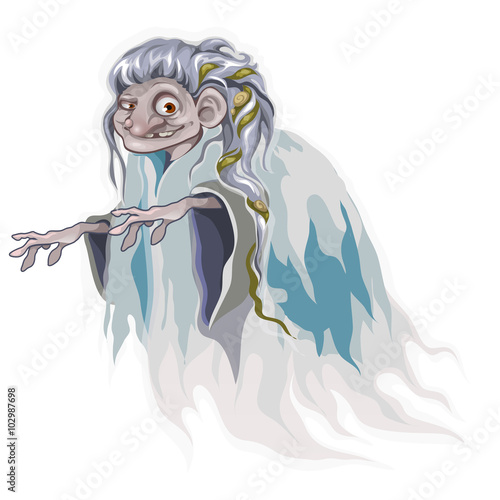 Cartoon old witch with seaweed in hair, isolated 