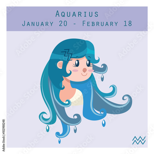 Cartoon Aquarius zodiac sign with duration and symbol in lower 