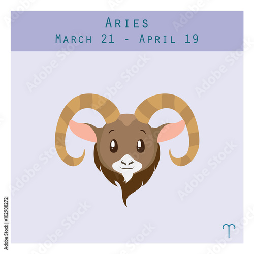 Cartoon Aries zodiac sign with duration and symbol in lower corner