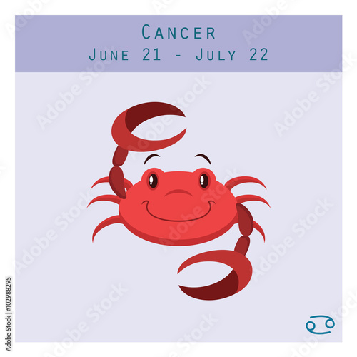 Cartoon Cancer zodiac sign with duration and symbol in lower corner