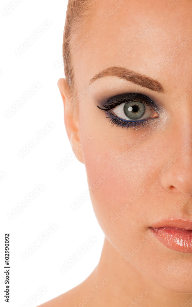 Beauty portrait of woman with perfect makeup, smokey eyes, full Beauty portrait of woman with perfect makeup, smokey eyes, full