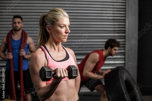 Portrait of fit woman lifting dumbbells 