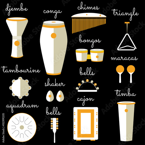 different kinds of percussion on a colored background
