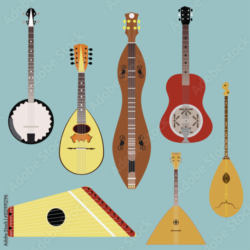 Ethnic music instruments vector set. Musical instrument silhouette