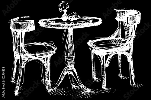 vector sketch of a round wooden table and two chairs in Vienna