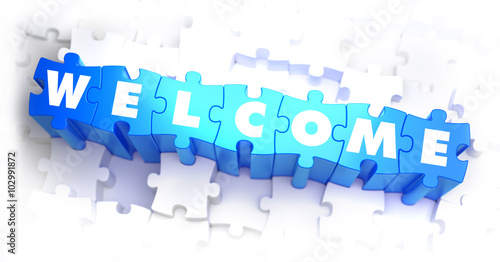 Welcome - White Word on Blue Puzzles on White Background. 3D Illustration.