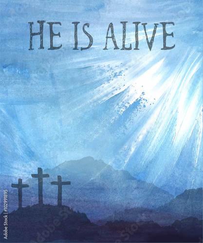Easter scene with cross. Jesus Christ. Watercolor vector illustration  