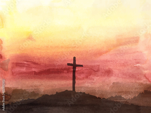Easter scene with cross. Jesus Christ. Watercolor vector illustration  