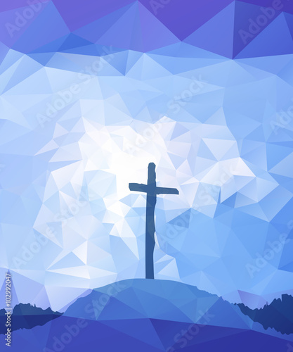 Easter scene with cross. Jesus Christ. Polygonal vector design.  