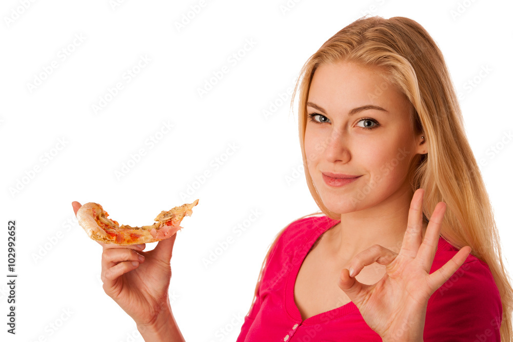 Woman with slice of delicious pizza, can't wait to bite in it. Woman with slice of delicious pizza, can't wait to bite in it.