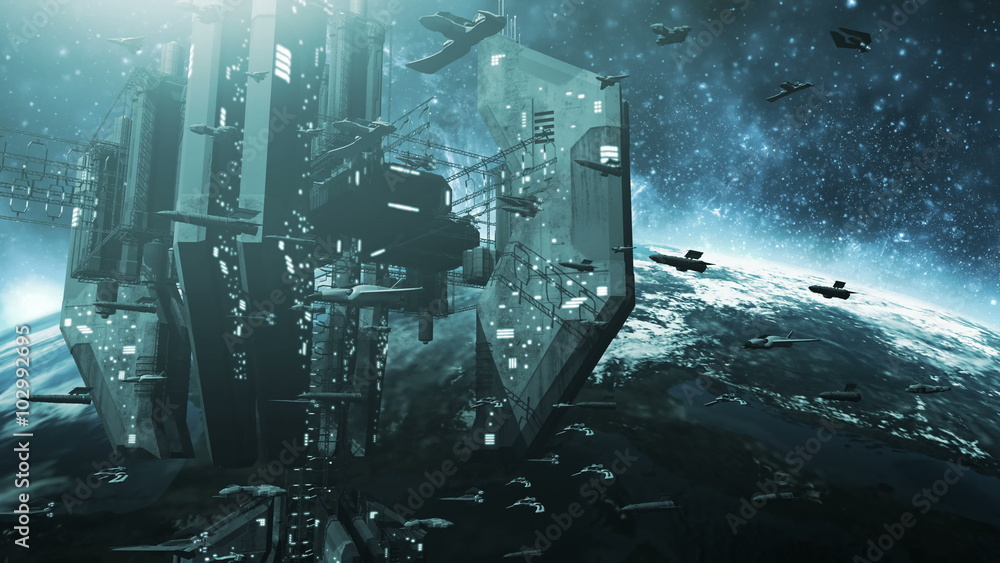 Animated Fleet Of Futuristic Spaceships And An Impressive Space Station Animated Fleet Of Futuristic Spaceships And An Impressive Space Station