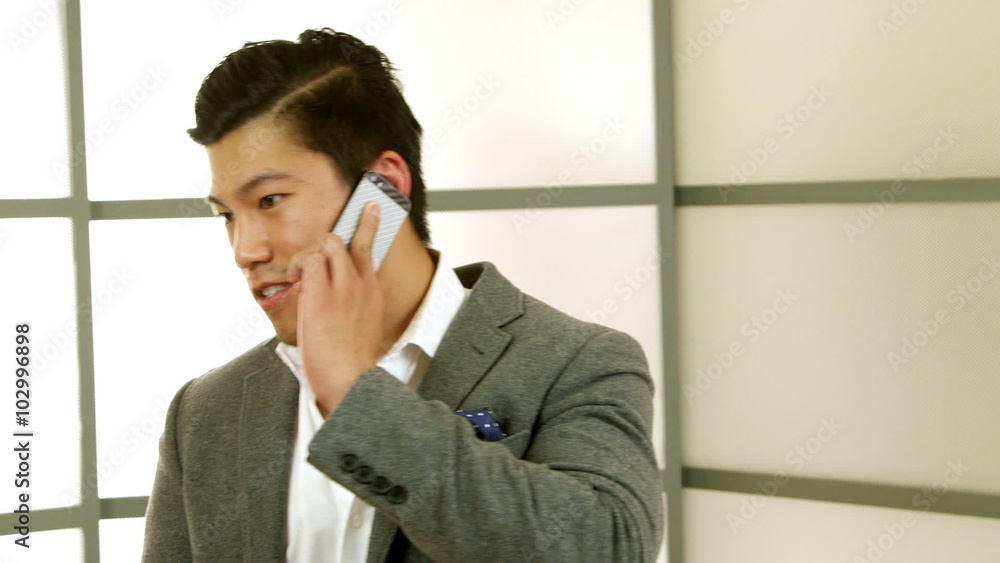 A young attractive Asian businessman on his cell phone engages in lively conversation. A young attractive Asian businessman on his cell phone engages in lively conversation.