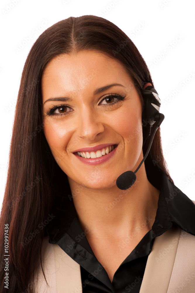 Woman with headset and microphone working in call center for hel Woman with headset and microphone working in call center for hel