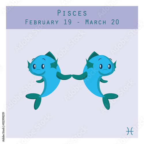 Cartoon Pisces zodiac sign with duration and symbol in lower corner