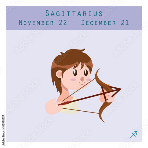 Cartoon Sagittarius zodiac sign with duration and symbol in lower corner