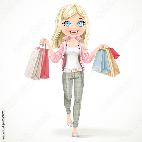 Cute blond shopaholic girl goes with paper bags in hands isolate