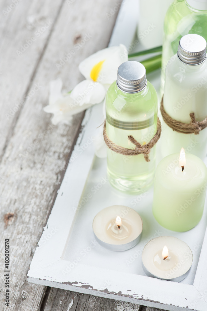 Bath products, candles, wooden background Bath products, candles, wooden background