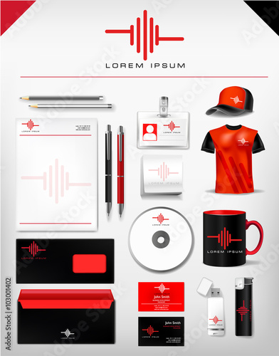 Abstract red and black logo and corporate identity template realistic set of cups, business card, letterhead, envelope, drive, usb memory sticks and pen. Vector illustration