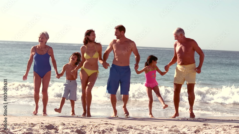 Happy extended family jumping with hands up Happy extended family jumping with hands up