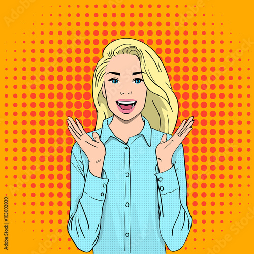 Pretty Excited Surprised Blonde Woman Happy Smile Pop Art Colorful Retro Style