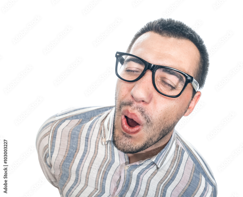 Funny man singing with closed eyes, isolated on white background, studio shot Funny man singing with closed eyes, isolated on white background, studio shot