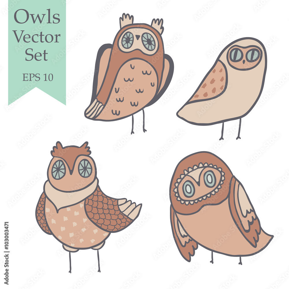 Hooo vector set. Cute owls, florals, mushrooms and hand lettering Hooo vector set. Cute owls, florals, mushrooms and hand lettering