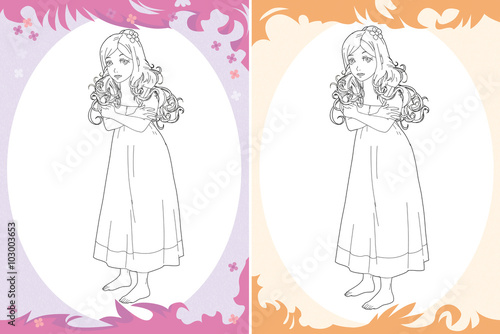 Cartoon princess - coloring page - two versions - image for different fairy tales - illustration for the children