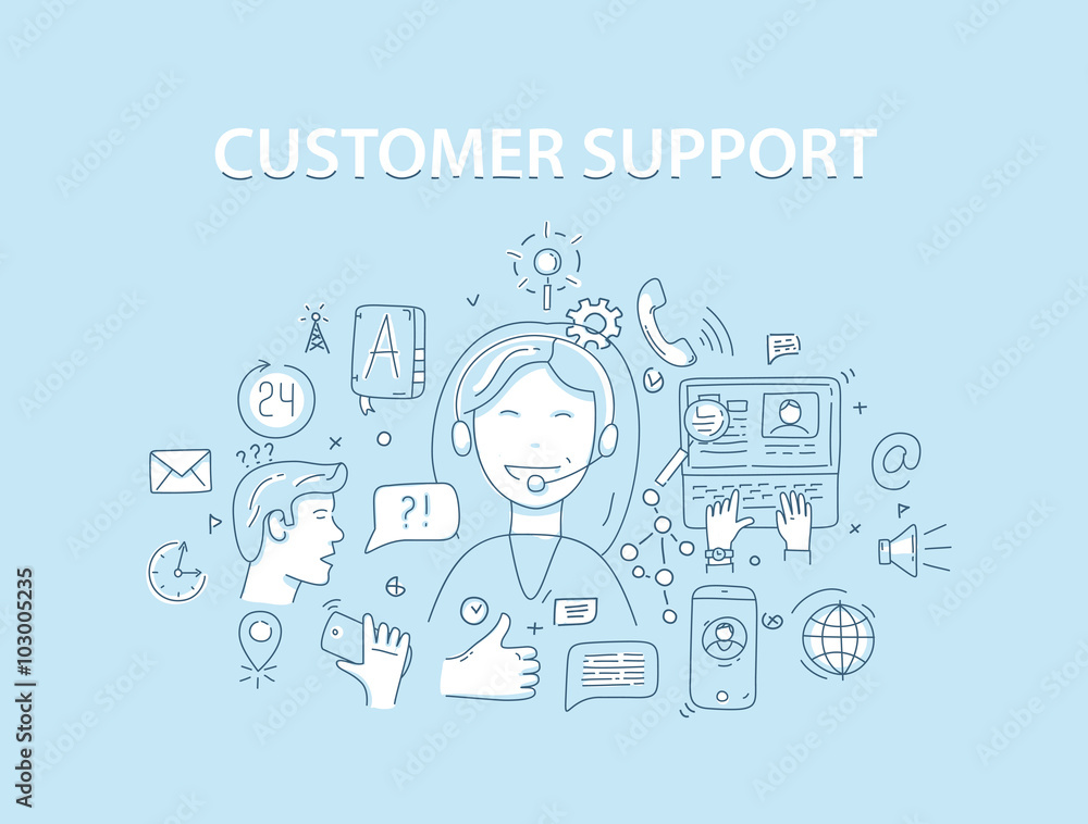 Line style vector illustration concept for customer support service Line style vector illustration concept for customer support service