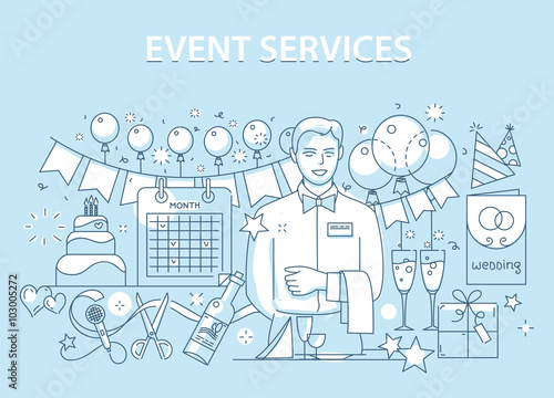 Line style design concept of special event and happy birthday party organization, catering service agency