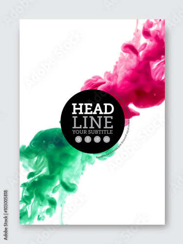 Vector brochure design template. Business abstract background with liquid colorful ink cloud clashing. Flyer, poster, banner, cover design. A4 size.