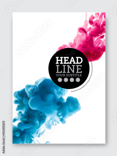 Vector brochure design template. Business abstract background with liquid colorful ink cloud clashing. Flyer, poster, banner, cover design. A4 size.