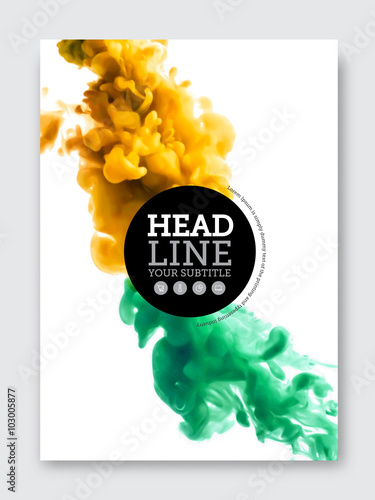Vector brochure design template. Business abstract background with liquid colorful ink cloud clashing. Flyer, poster, banner, cover design. A4 size.